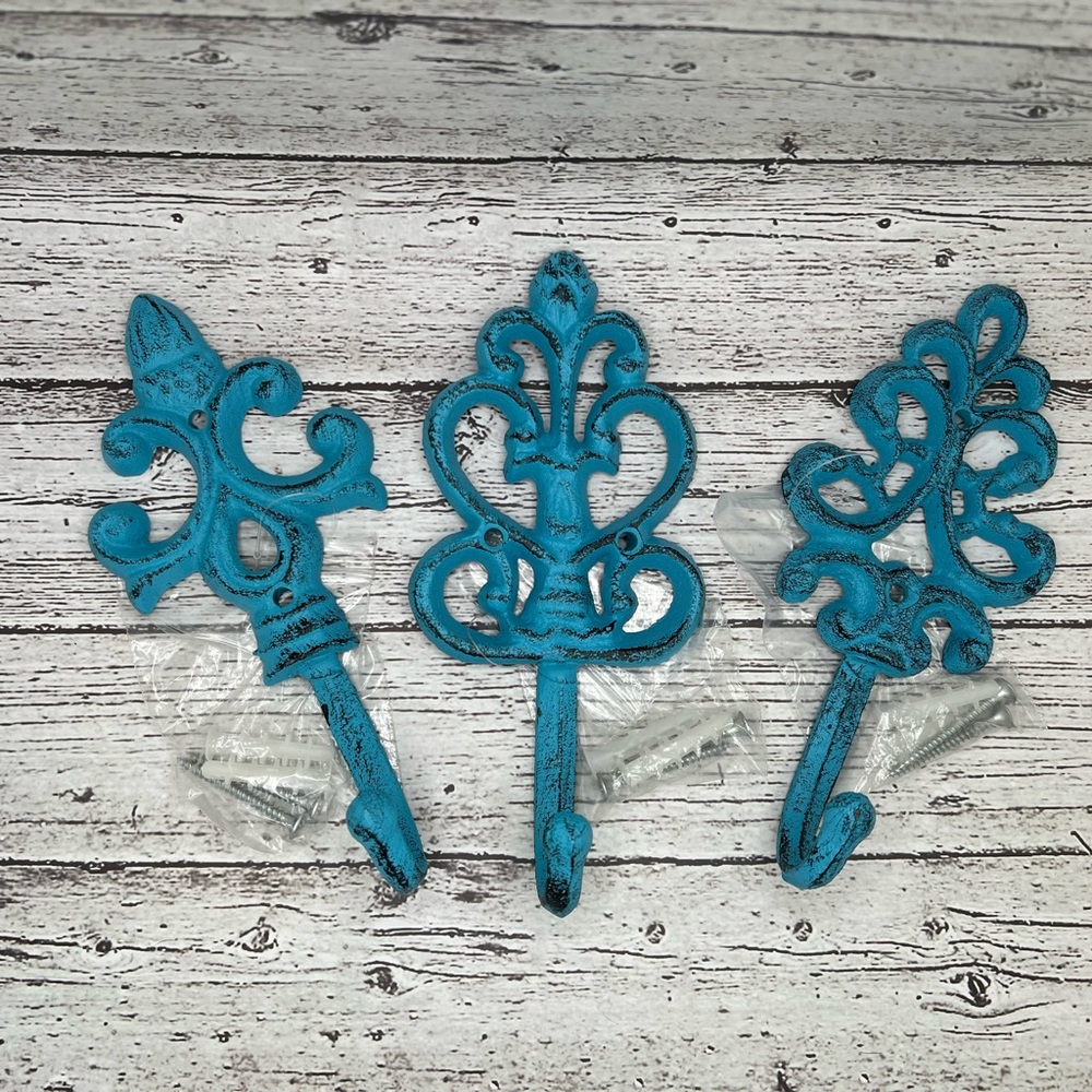 NWT Rustic Blue Cast Iron Wall Hooks. Set of 3.